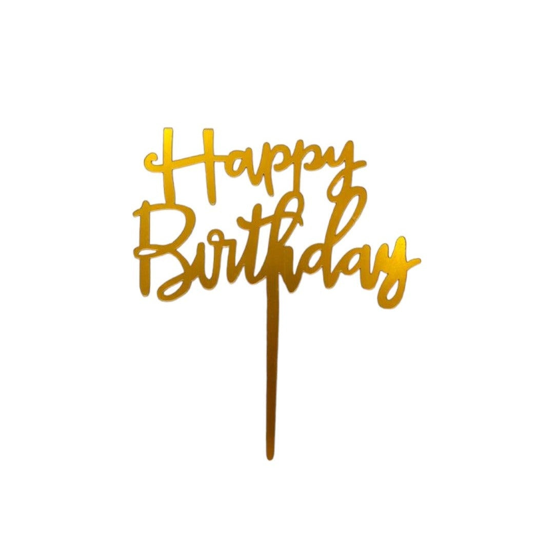 Cake Topper Acílico Delgado "Happy Birthday" - Oro