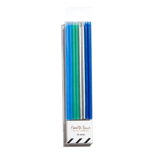 Velas Aqua, Plata y Azules 16 pz