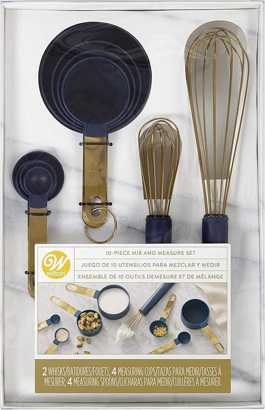 Wilton Juego de tazas medidoras de color azul marino y dorado, cucharas medidoras y batidores, 10 piezas