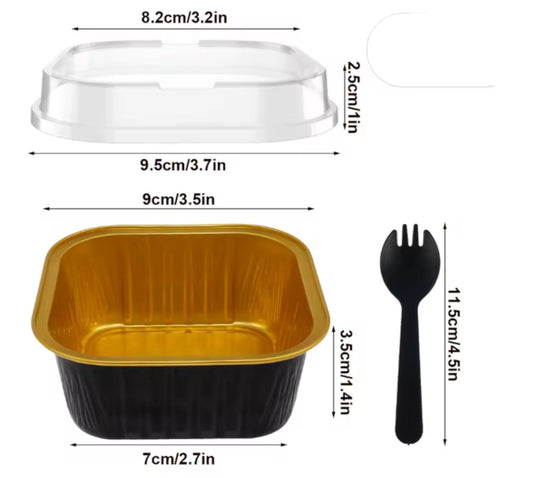 Molde cuadrado aluminio 150 ml Negro (25 juegos con tapa y cuchara)